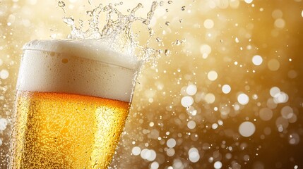 Fototapete - 45-degree topview Isolated on background a tall pilsner glass with golden beer and a frothy head splashing dramatically upward on a light golden background with side empty space for text Stockphoto