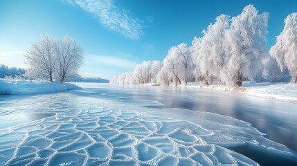 Wall Mural - Frozen river, snow-covered trees, winter landscape.