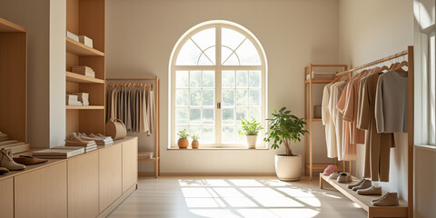 Poster - A bright and inviting clothing store interior featuring wooden racks and a large window allowing natural light to illuminate neatly displayed apparel for the fashion industry.