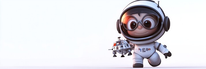 Aufkleber - A cheerful cartoon character in a spacesuit walks with a small spacecraft in hand.