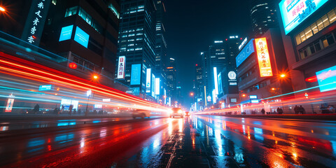 Poster - A vibrant city street at night, illuminated by colorful neon lights reflecting on wet pavement, creating a dynamic urban atmosphere for the social issues industry.
