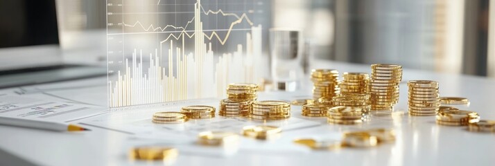 Poster - A business scene with stacked coins, a financial graph, and documents on a desk.