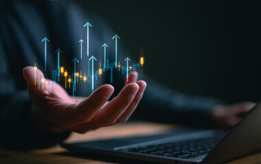 Poster - Hand holding growth business strategy arrow concept on success target improvement with increase development graph profit or economy investment income target and goal increase achievement.