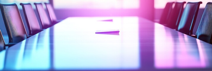 Poster - A modern conference room with a long table and chairs, illuminated by soft lighting.