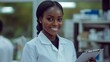 © A Denny Syahputra - Woman in a lab coat smiles while holding a clipboard in a contemporary healthcare environment