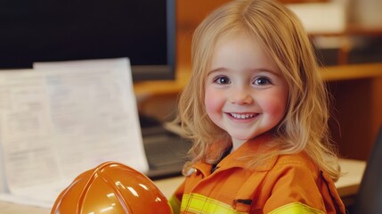 Aufkleber - A cheerful child in a safety uniform holding a helmet, smiling at the camera.