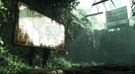 Poster - An overgrown map board in a dilapidated environment, showcasing nature reclaiming space.