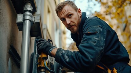 Poster - A focused worker repairing machinery outdoors with tools in hand.