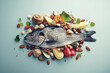 © Oleksandr - Fresh fish surrounded by a variety of nuts, vegetables, and herbs on a minimalist surface. Represents healthy eating and brain-boosting nutrition.