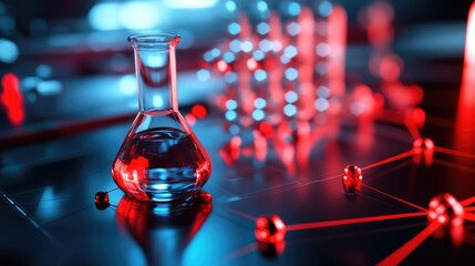 Poster - A close-up of a nanotechnology research table featuring a clear glass and red bottle, with a red light casting intriguing shadows, highlighting futuristic science.