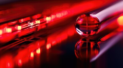 Poster - A close-up of a nanotechnology research table featuring a clear glass and red bottle, with a red light casting intriguing shadows, highlighting futuristic science.