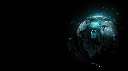 Poster - A dark cyberspace background with a digital lock protecting a glowing globe, symbolizing the global importance of cybersecurity and data safety.
