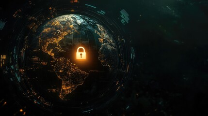 Poster - A dark background with a digital lock encircling a glowing globe, symbolizing the concept of global cybersecurity and digital data protection.