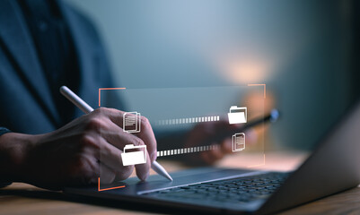 Poster - Data Sync concept, Transfer file of data between folder, Backup data, Exchange of file on folder, Send document in internet, DMS. Virtual document loading to another folder, Man working with laptop.