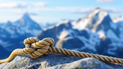 Poster - A detailed image of a rope knot on a rock with towering mountain peaks in the background, illustrating the challenges of outdoor climbing and exploration.