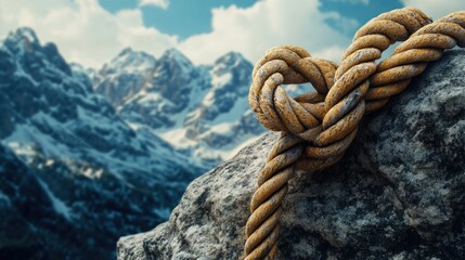 Poster - A detailed image of a rope knot on a rock with towering mountain peaks in the background, illustrating the challenges of outdoor climbing and exploration.