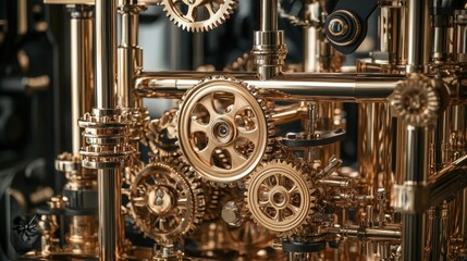 Poster - A detailed shot of brass machinery featuring gears and pipes, evoking the craftsmanship and timeless design of the steampunk industrial age.