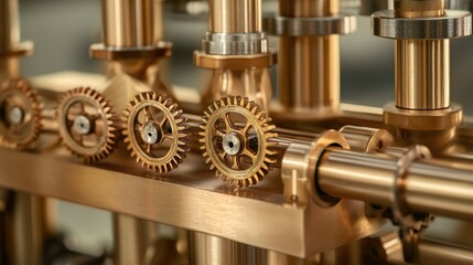 Poster - A detailed shot of brass machinery featuring gears and pipes, evoking the craftsmanship and timeless design of the steampunk industrial age.