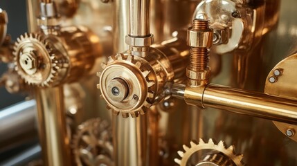 Poster - A detailed shot of brass machinery featuring gears and pipes, evoking the craftsmanship and timeless design of the steampunk industrial age.