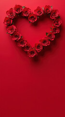 Wall Mural - vertical red banner on a red background with heart of rose buds