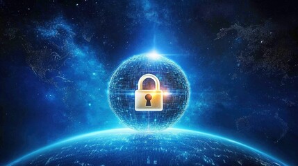 Poster - A digital lock symbol hovering over a glowing globe, representing global data protection and cybersecurity in the modern digital age.
