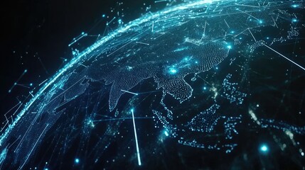 Poster - A digital representation of Earth with interconnected blue network lines, illustrating global communication and internet connectivity on a dark background.