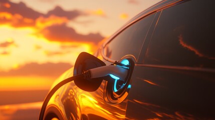 Poster - A black electric car is plugged into a charging station while the sun sets behind it. The sky is a bright orange and yellow, and the car's body reflects the colors of the sunset.