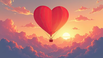 Wall Mural - banner illustration of a hot air balloon in the shape of a red heart flies in the sunset sky with clouds, Valentine's Day concept