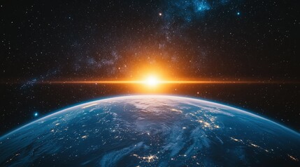 Poster - A futuristic space station orbits above Earth, showcasing a breathtaking view of the planet below with distant stars and galaxies in the background.