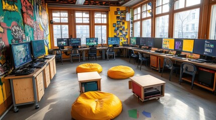 Poster - A vibrant gaming room with computers, bean bags, and colorful walls for leisure activities.