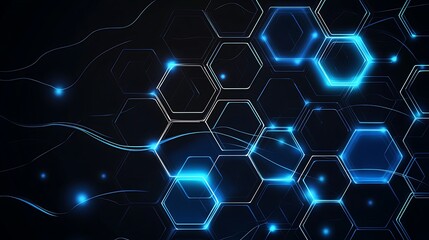 Poster - Abstract dark background with glowing blue hexagons and connecting lines, representing technology, network, or data.