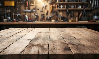 Wall Mural - Empty wooden table with blurred background featuring carpenter's tools on the wall, carpenter, tools, wood, table