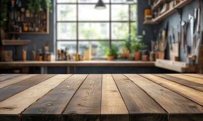 Empty wooden table with blurred background featuring carpenter's tools on the wall, carpenter, tools, wood, table