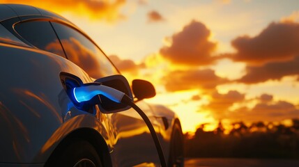 Poster - A sleek electric vehicle is connected to a charging station as the sun sets, casting a vibrant glow across the sky.