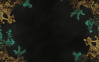 Poster - Abstract background with teal and gold fractal designs framing a dark center.