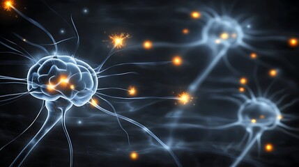 Poster - Microscopic view of neurons and synapses firing, illuminating the complex neural network of the brain.