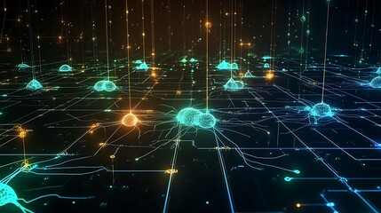 Poster - Abstract digital neural network visualization; glowing nodes and connections on dark background.