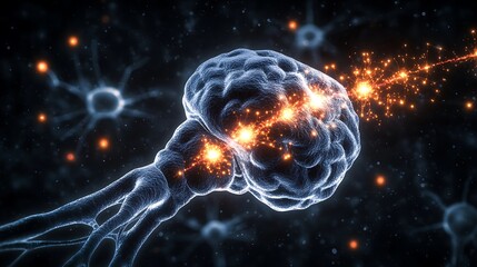 Poster - Illuminated brain neurons firing, synapses connecting, neural pathways, neurotransmission.