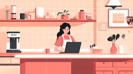 Wall Mural - Remote employee standing while working on a laptop on a kitchen counter coffee maker in the background