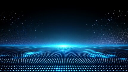 Poster - Abstract blue digital grid landscape with glowing particles and hexagonal patterns.