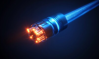 Blue fiber optic cable with glowing end light, fiber optic, cable, blue, technology, data, communication, connection