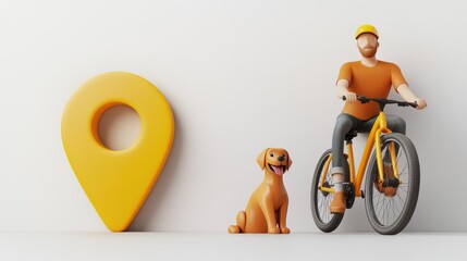 Poster - A 3D illustration of a person cycling beside a dog and a large location pin icon.