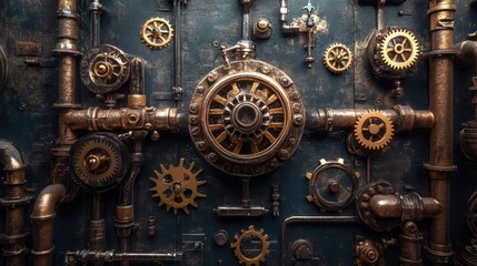 Poster - Brass gears, pipes, and valves intricately designed in vintage steampunk style, showcasing the precision and artistry of old-world industrial machinery.
