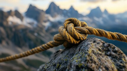 Poster - Close-up of a rope knot tied to a rock, with majestic mountains in the background, highlighting rugged outdoor adventure and mountaineering.