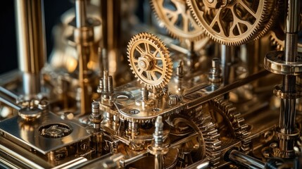 Poster - Close-up of intricate brass machinery with gears, pipes, and valves, showcasing vintage engineering and the detailed artistry of steampunk design.