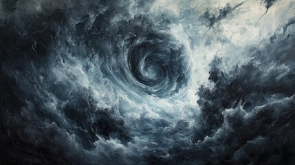 Poster - Dark, turbulent clouds swirl into a vortex, setting the stage for an intense, dramatic storm scene, full of depth and powerful motion.