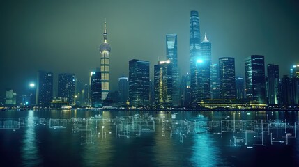 Poster - Digital icons representing SME business concepts overlaying a city skyline at night, symbolizing the growth and innovation in the modern business landscape.