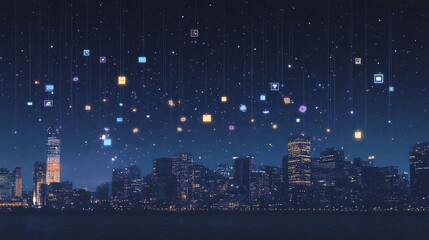 Poster - Digital SME business icons floating over a nighttime city skyline, illustrating the intersection of modern technology and small business growth.