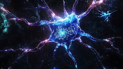 Poster - Abstract representation of a neuron, displaying intricate network of nerve cells, glowing in vibrant blues and purples against a dark background, showcasing complex neural connections.