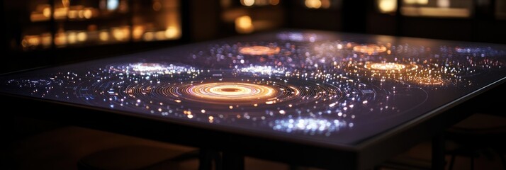 Poster - Interactive display showcasing cosmic phenomena with swirling galaxies and stars.